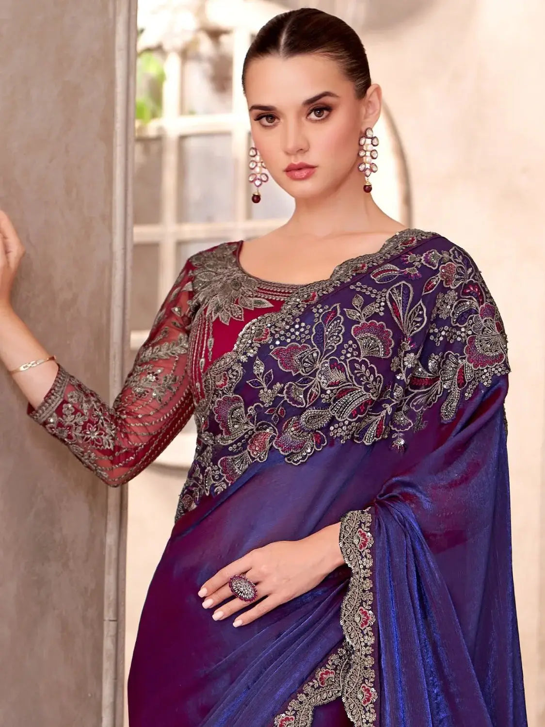 Elegant Blue Border Work Georgette Traditional Saree With Blouse - Zeel Clothing
