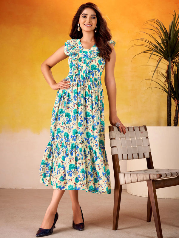 Elegant Blue Floral Printed Silk College Wear Dress