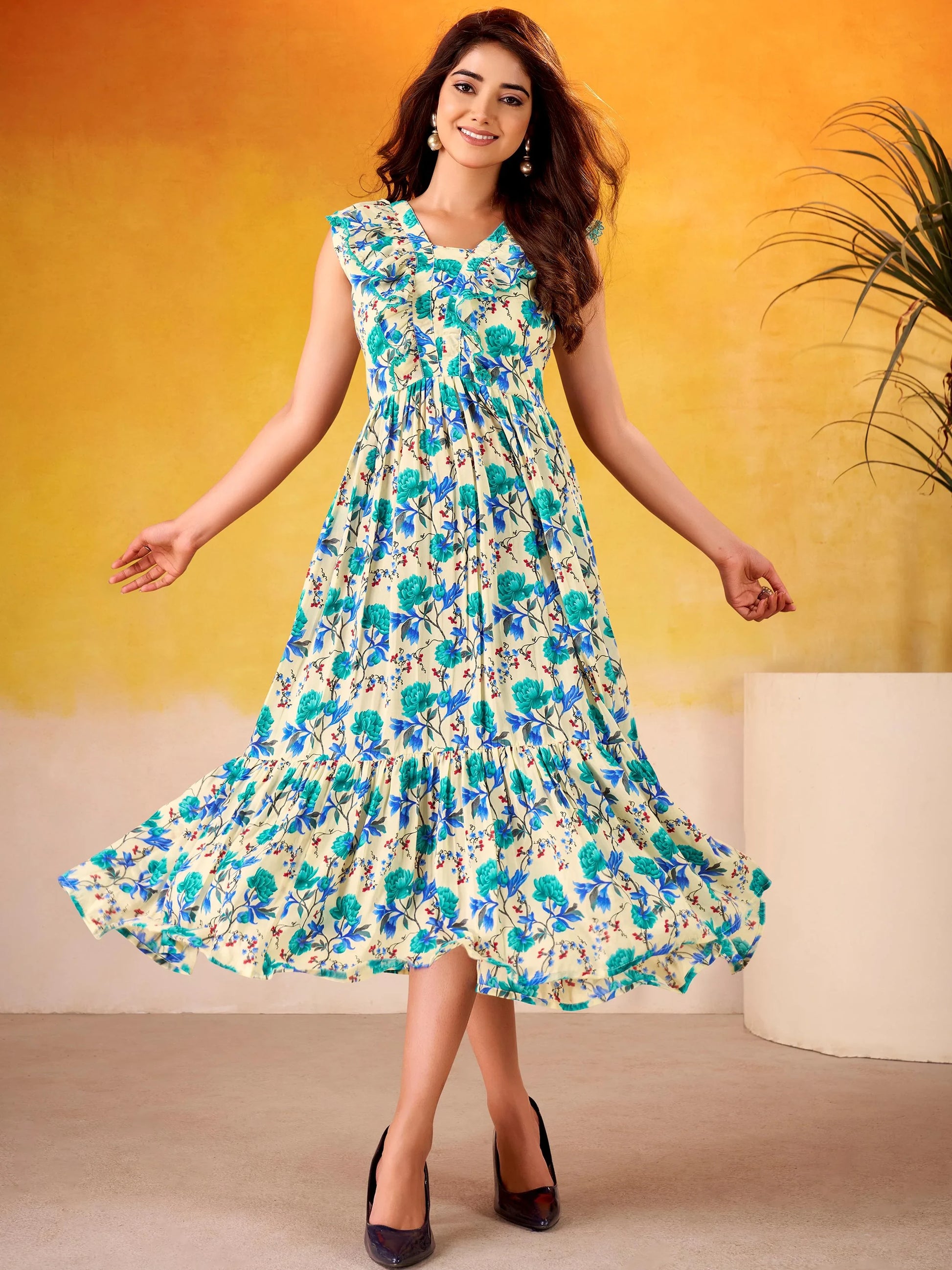Elegant Blue Floral Printed Silk College Wear Dress