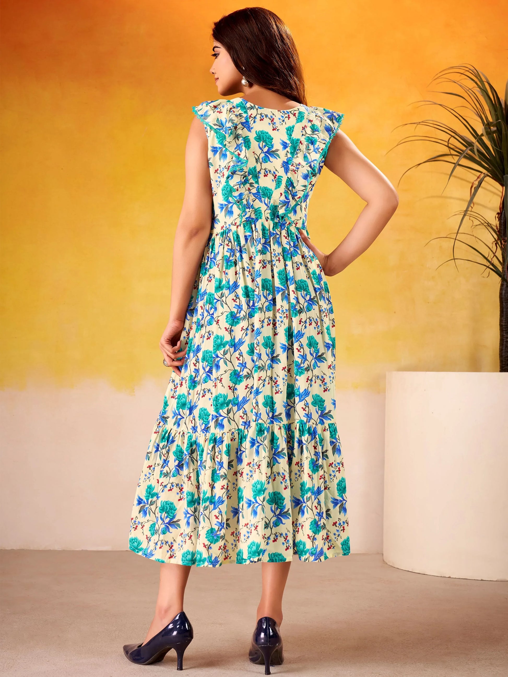 Elegant Blue Floral Printed Silk College Wear Dress
