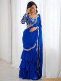 Elegant Blue Georgette Wedding Wear Ruffle Lehenga Saree With Embroidered Blouse