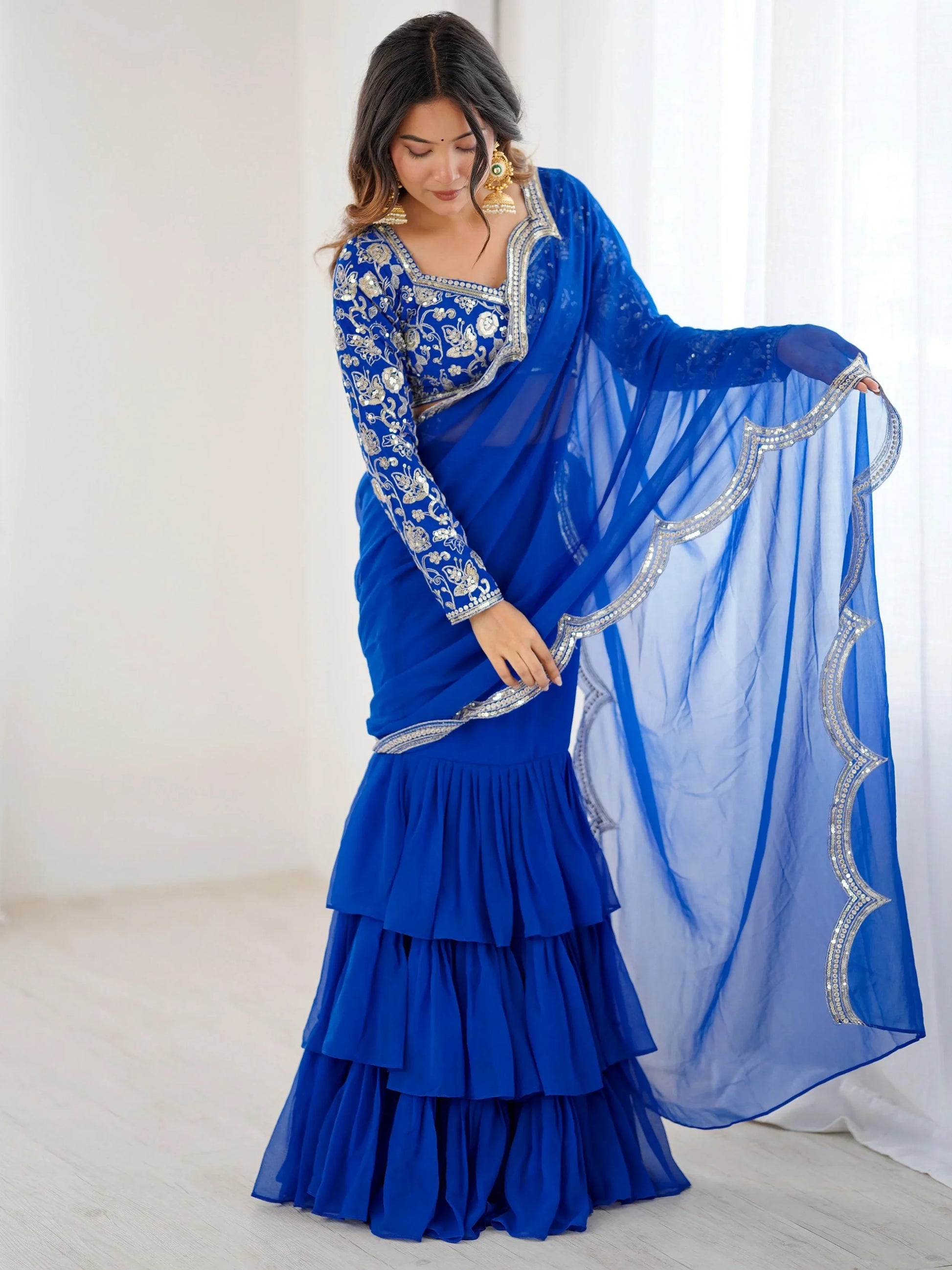 Elegant Blue Georgette Wedding Wear Ruffle Lehenga Saree With Embroidered Blouse