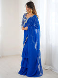 Elegant Blue Georgette Wedding Wear Ruffle Lehenga Saree With Embroidered Blouse