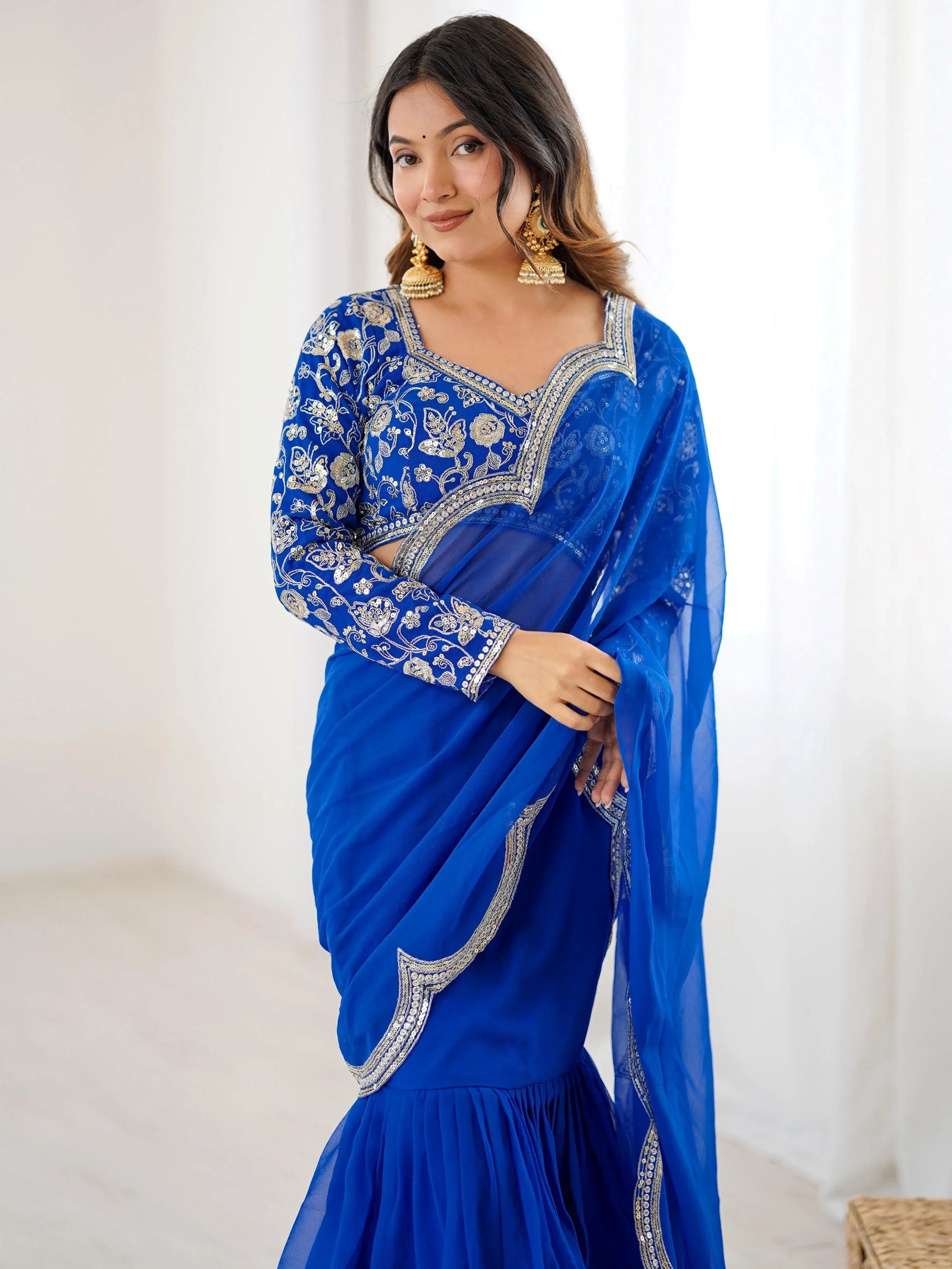 Elegant Blue Georgette Wedding Wear Ruffle Lehenga Saree With Embroidered Blouse