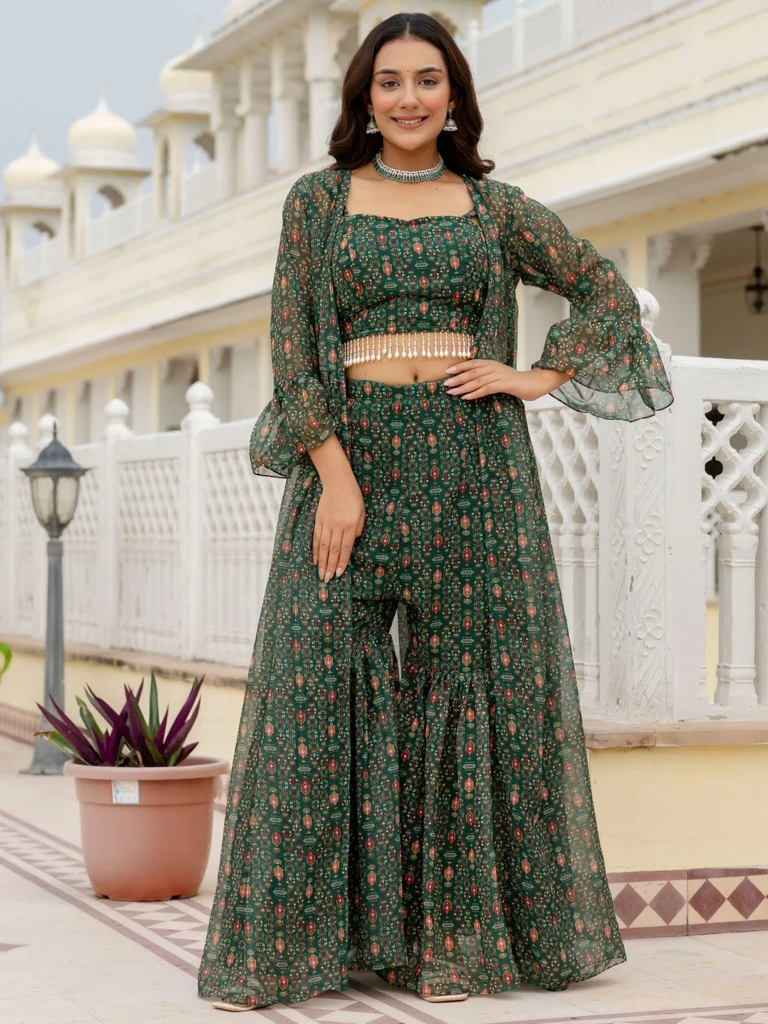 Elegant Bottle Green Digital Printed Georgette Sharara Suit With Jacket