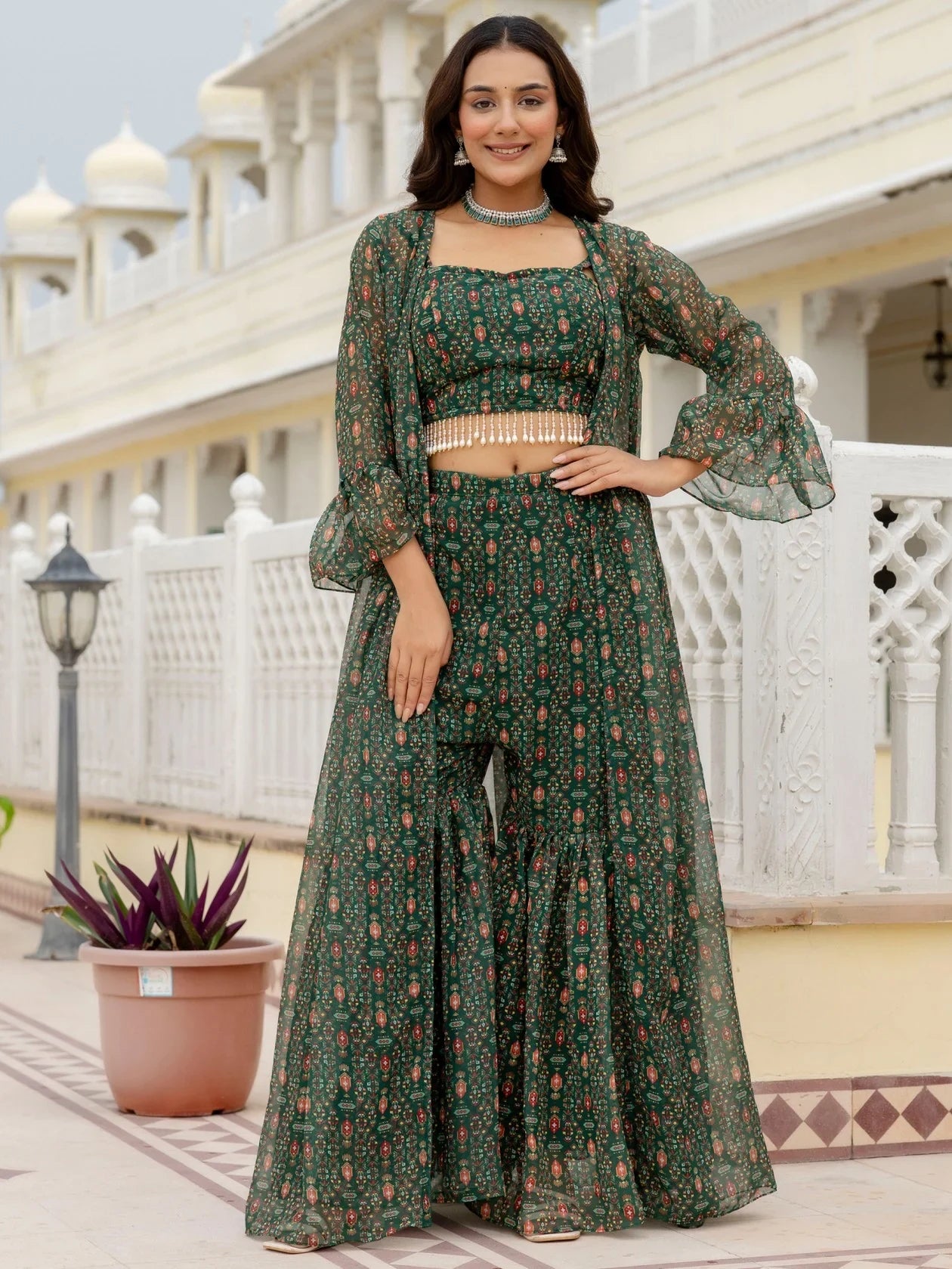 Elegant Bottle Green Digital Printed Georgette Sharara Suit With Jacket