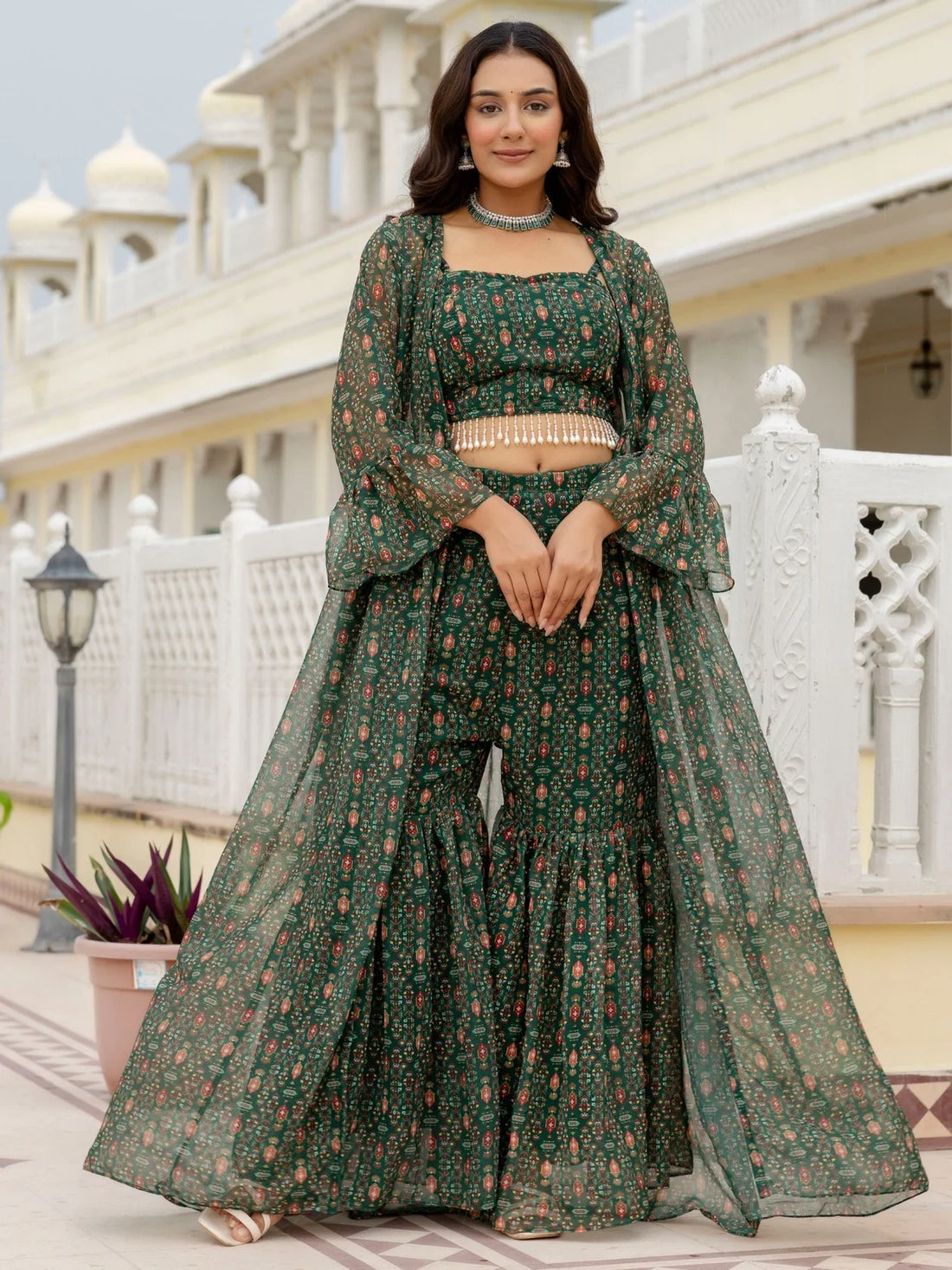 Elegant Bottle Green Digital Printed Georgette Sharara Suit With Jacket