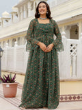 Elegant Bottle Green Digital Printed Georgette Sharara Suit With Jacket