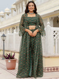 Elegant Bottle Green Digital Printed Georgette Sharara Suit With Jacket