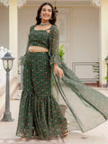 Elegant Bottle Green Digital Printed Georgette Sharara Suit With Jacket