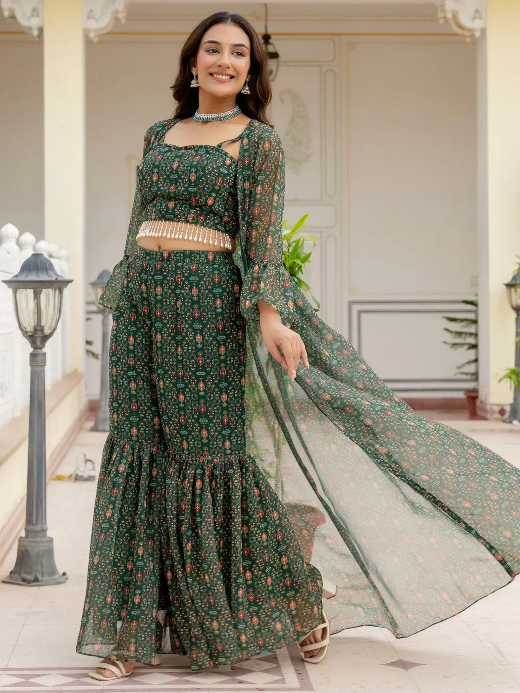 Elegant Bottle Green Digital Printed Georgette Sharara Suit With Jacket