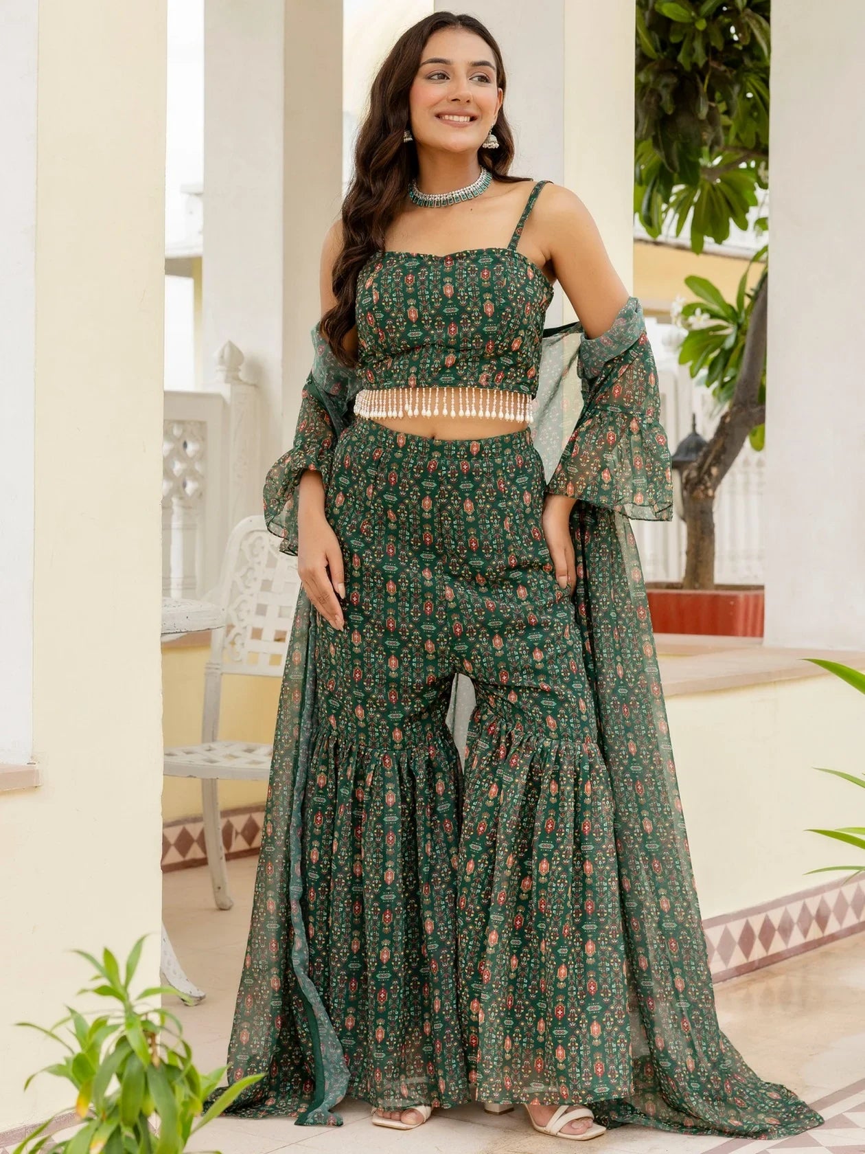 Elegant Bottle Green Digital Printed Georgette Sharara Suit With Jacket
