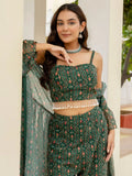 Elegant Bottle Green Digital Printed Georgette Sharara Suit With Jacket