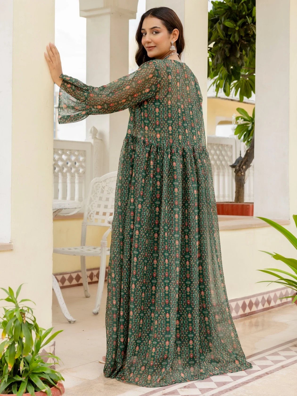 Elegant Bottle Green Digital Printed Georgette Sharara Suit With Jacket