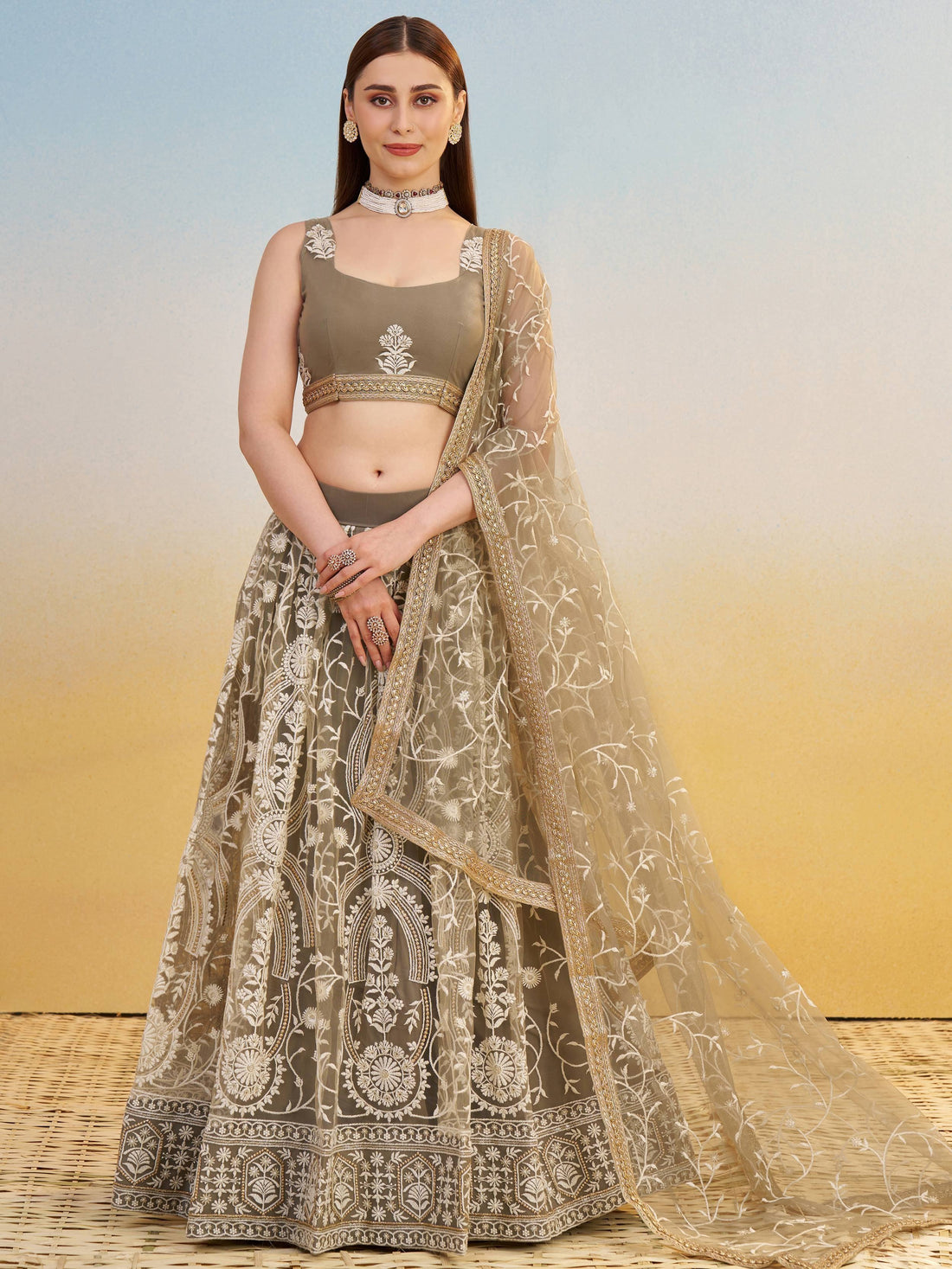 Elegant Brown Embroidered Net Wedding Wear Lehenga Choli With Dupatta - Zeel Clothing