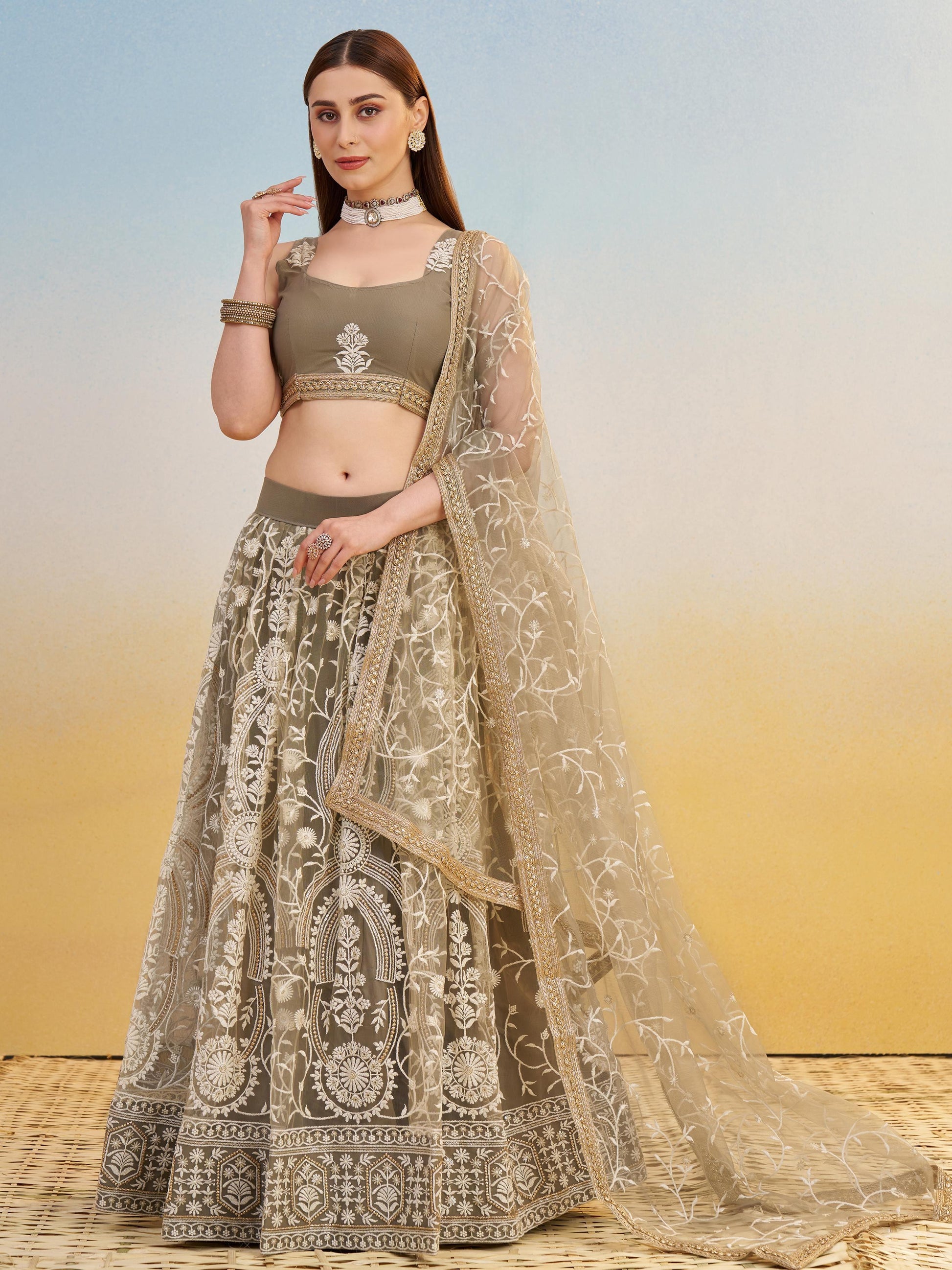 Elegant Brown Embroidered Net Wedding Wear Lehenga Choli With Dupatta - Zeel Clothing