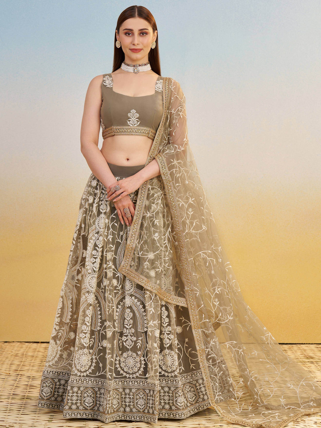 Elegant Brown Embroidered Net Wedding Wear Lehenga Choli With Dupatta - Zeel Clothing