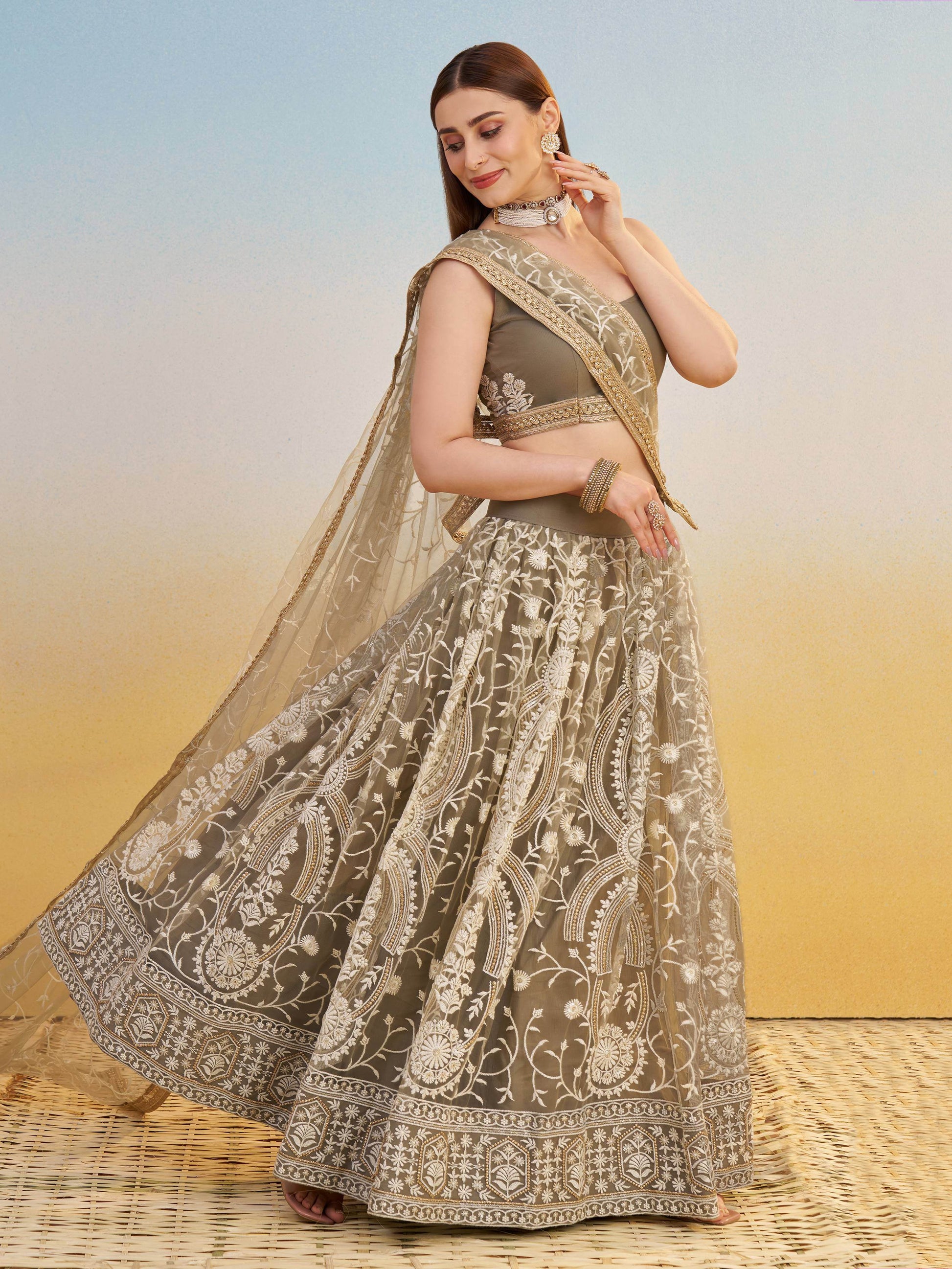 Elegant Brown Embroidered Net Wedding Wear Lehenga Choli With Dupatta - Zeel Clothing