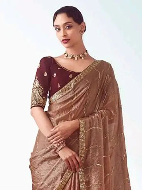 Elegant Brown Embroidered Organza Wedding Wear Saree With Blouse - Zeel Clothing