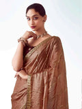 Elegant Brown Embroidered Organza Wedding Wear Saree With Blouse - Zeel Clothing