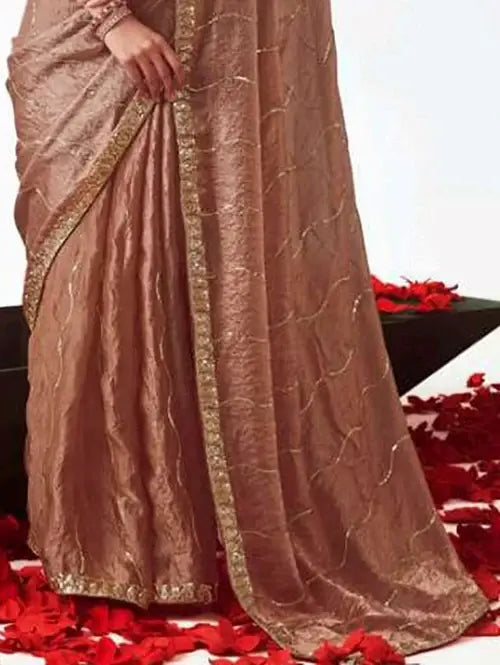 Elegant Brown Embroidered Organza Wedding Wear Saree With Blouse - Zeel Clothing