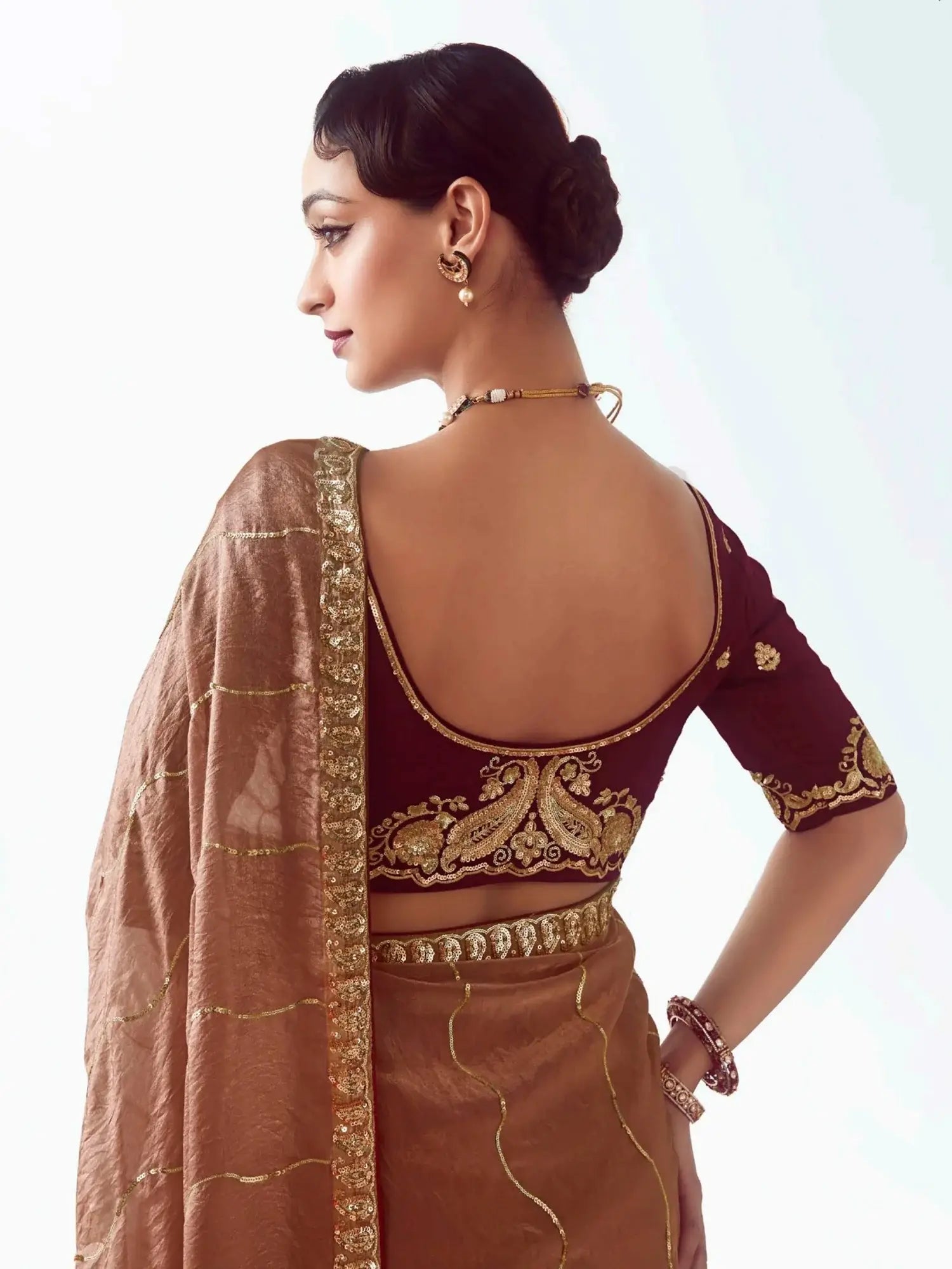 Elegant Brown Embroidered Organza Wedding Wear Saree With Blouse - Zeel Clothing