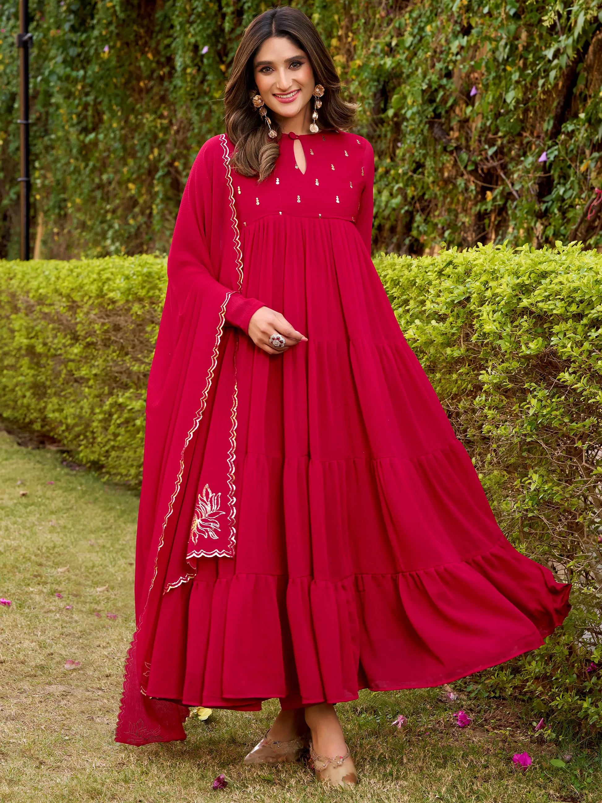 Elegant Dark Pink Foil Work Chiffon Festive Salwar Kameez With Dupatta