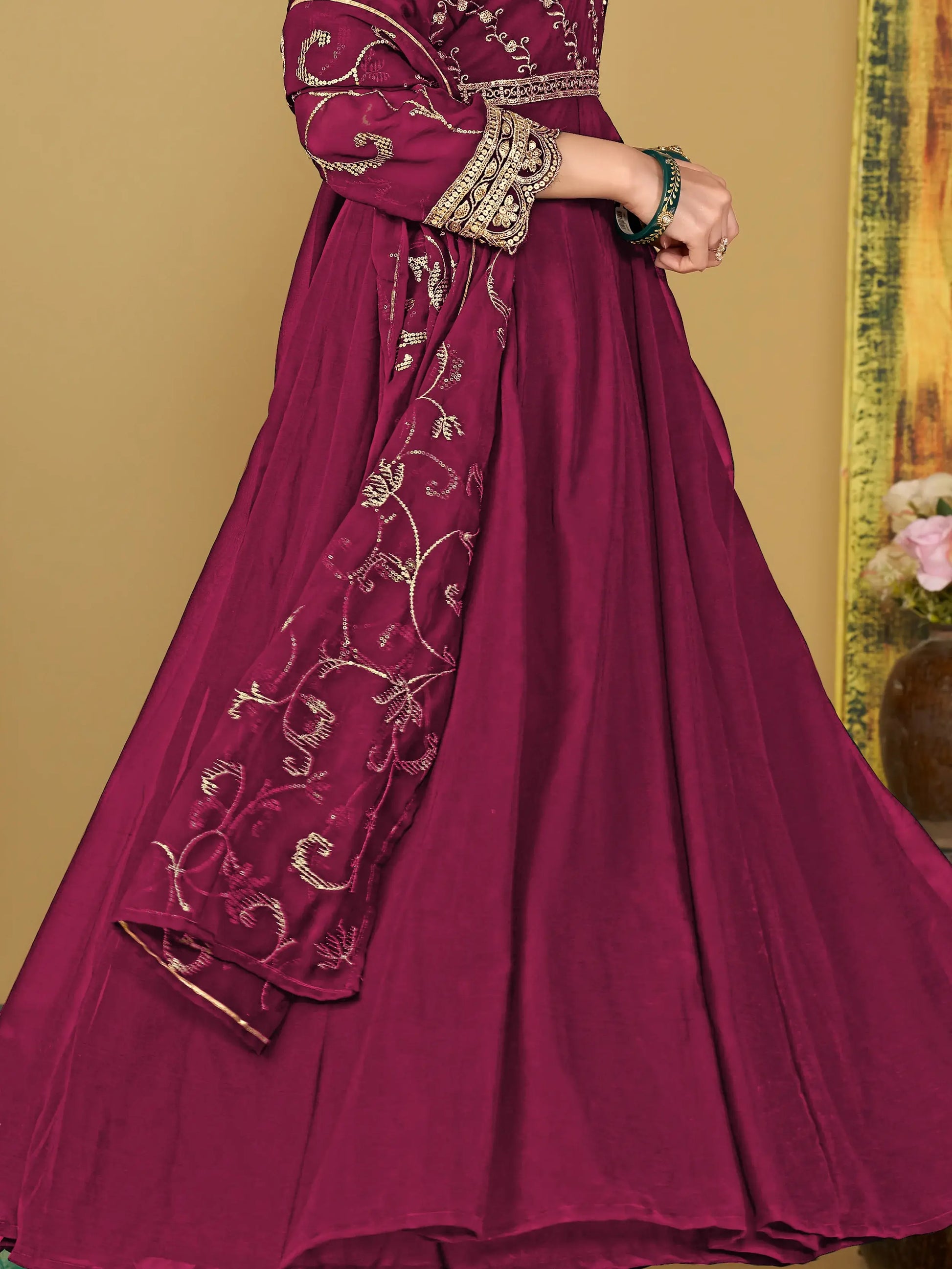 Elegant Dark Pink Sequins Georgette Reception Wear Anarkali Suit - Zeel Clothing