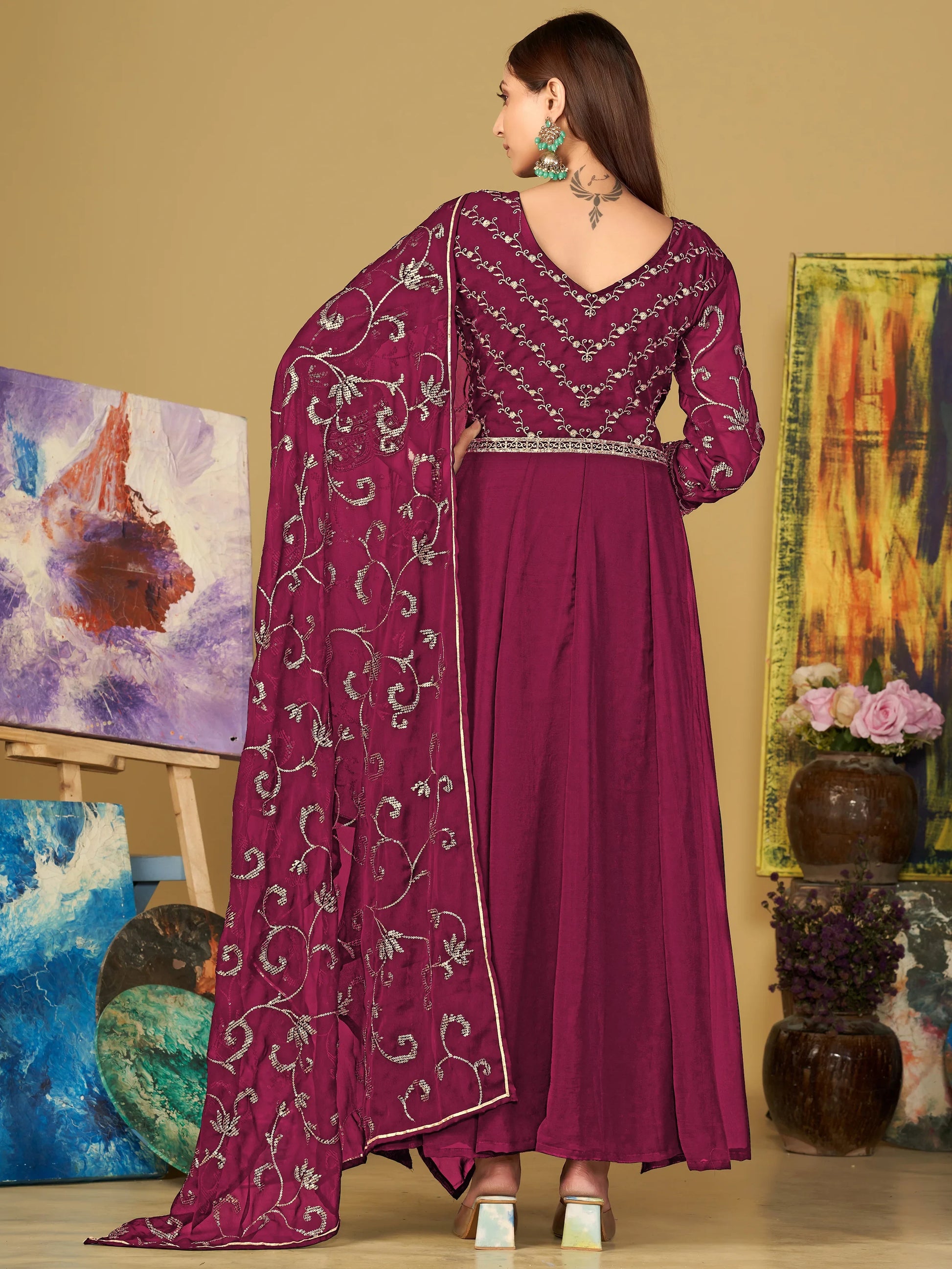 Elegant Dark Pink Sequins Georgette Reception Wear Anarkali Suit - Zeel Clothing