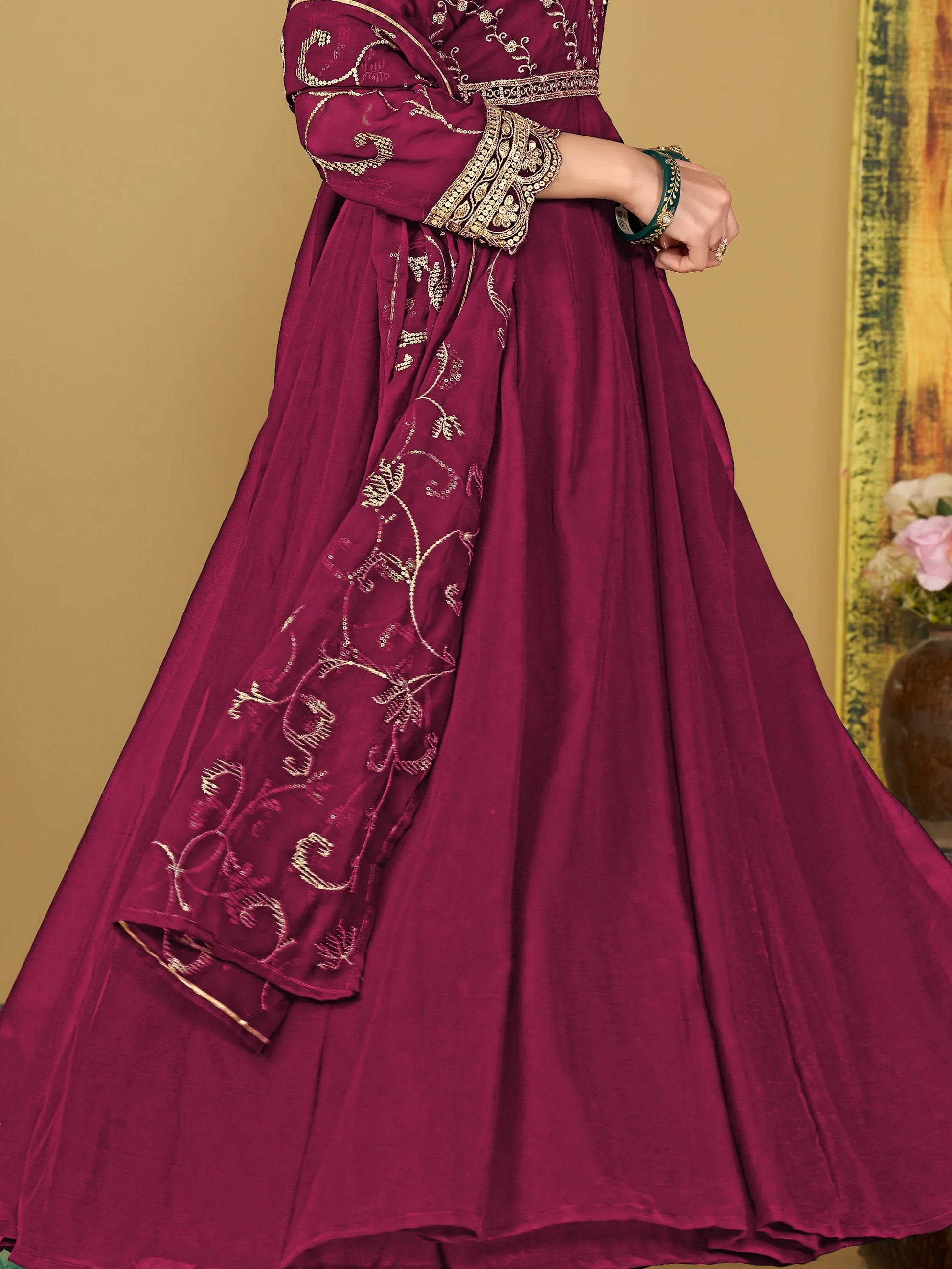 Elegant Dark Pink Sequins Georgette Reception Wear Anarkali Suit - Zeel Clothing