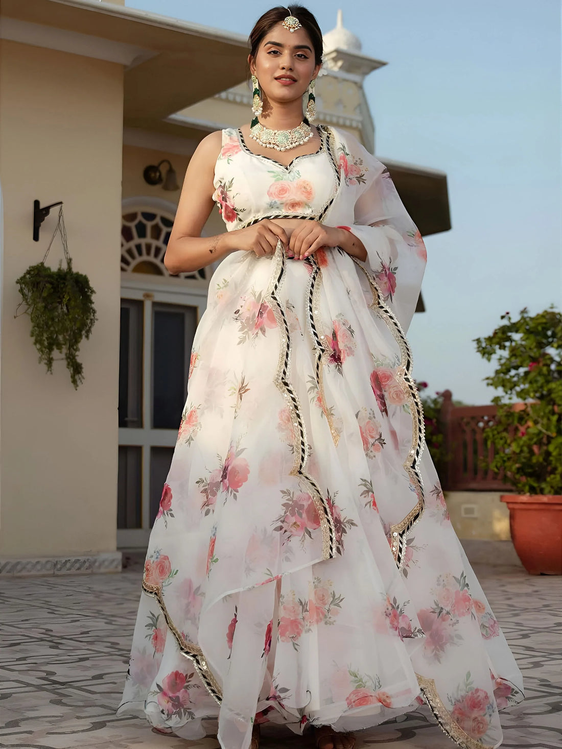 Elegant Designer White Printed Organza Lehenga Choli For Women