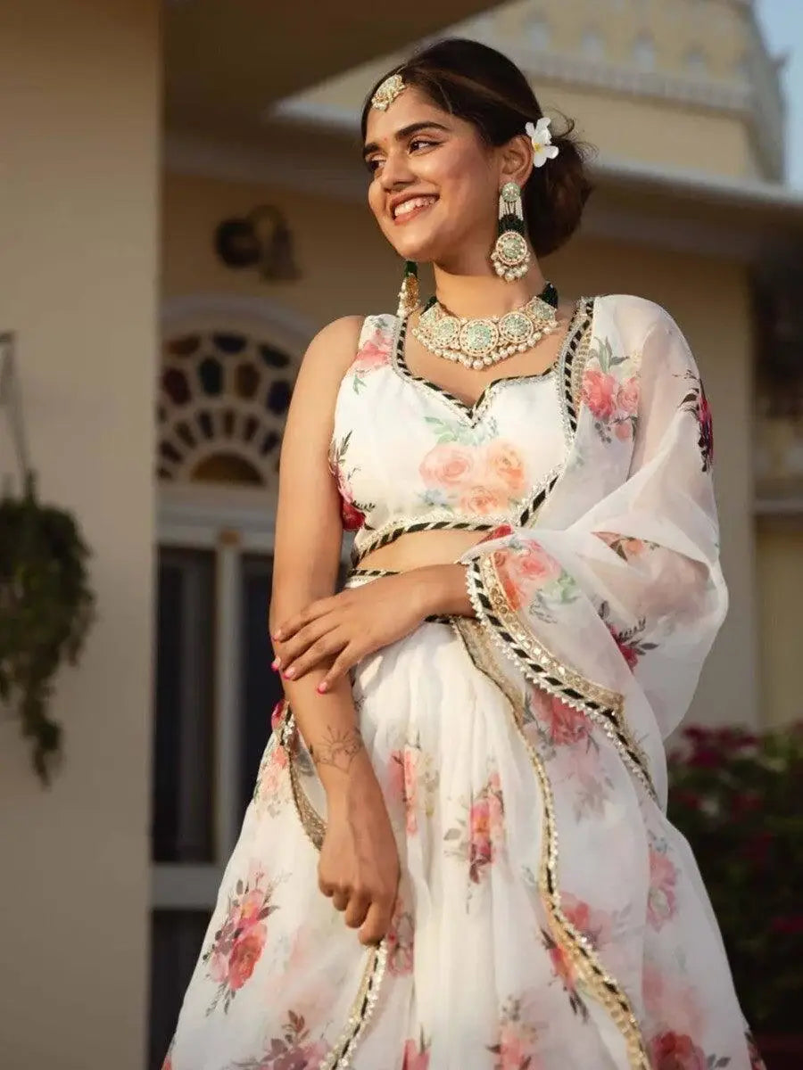 Elegant Designer White Printed Organza Lehenga Choli For Women - Zeel Clothing