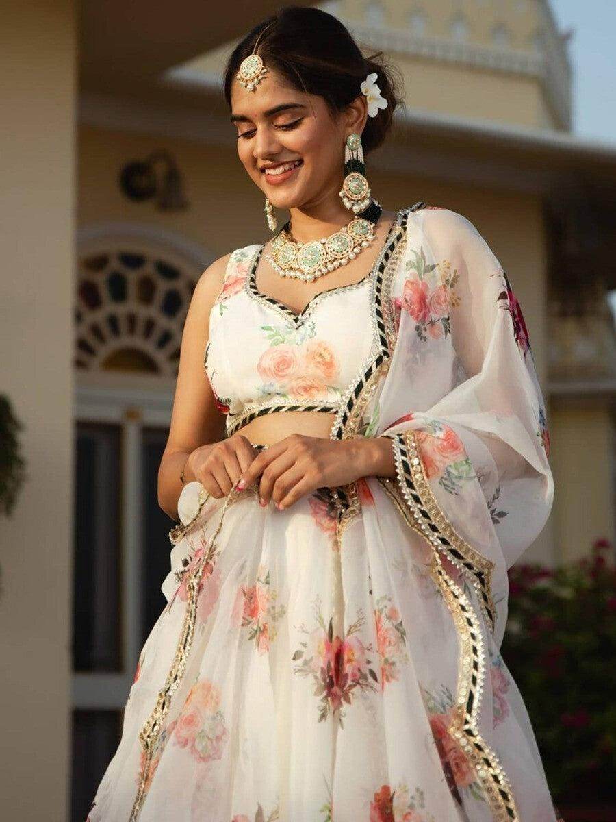 Elegant Designer White Printed Organza Lehenga Choli For Women - Zeel Clothing