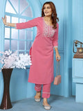 Elegant Dusty Pink Embroidered Rinkal Cotton Summer Wear Pant Suit - Zeel Clothing