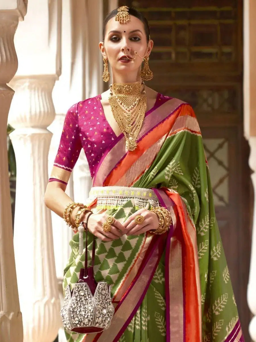 Elegant Green Digital Printed Patola Silk Occasion Wear Saree - Zeel Clothing