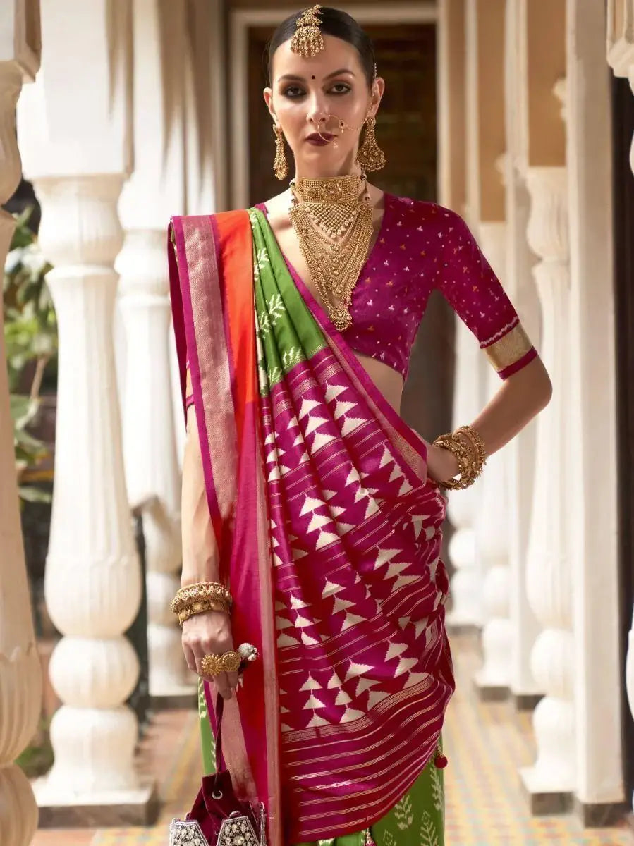 Elegant Green Digital Printed Patola Silk Occasion Wear Saree - Zeel Clothing