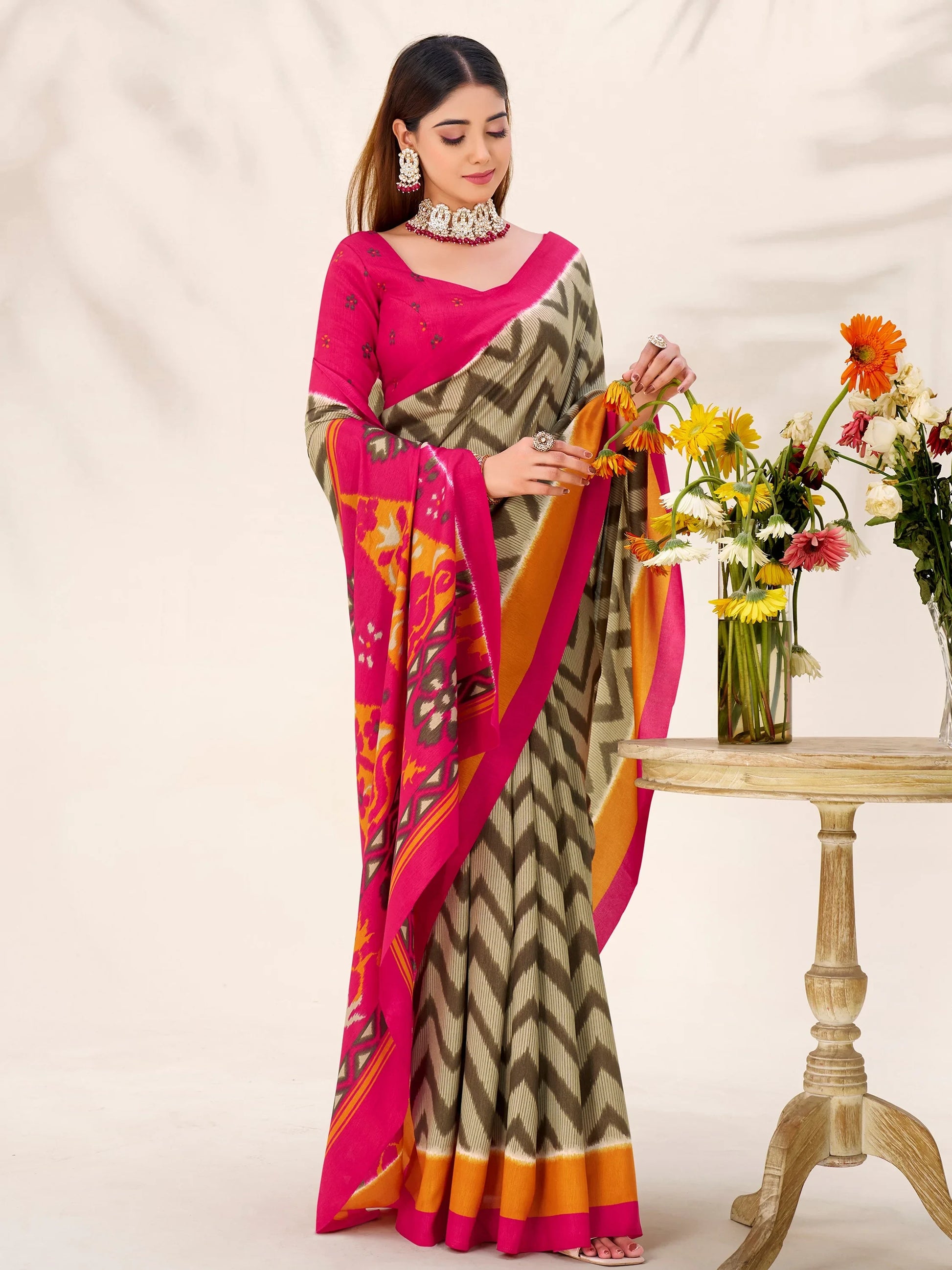 Elegant Green Printed Tussar Silk Mehendi Wear Saree With Blouse