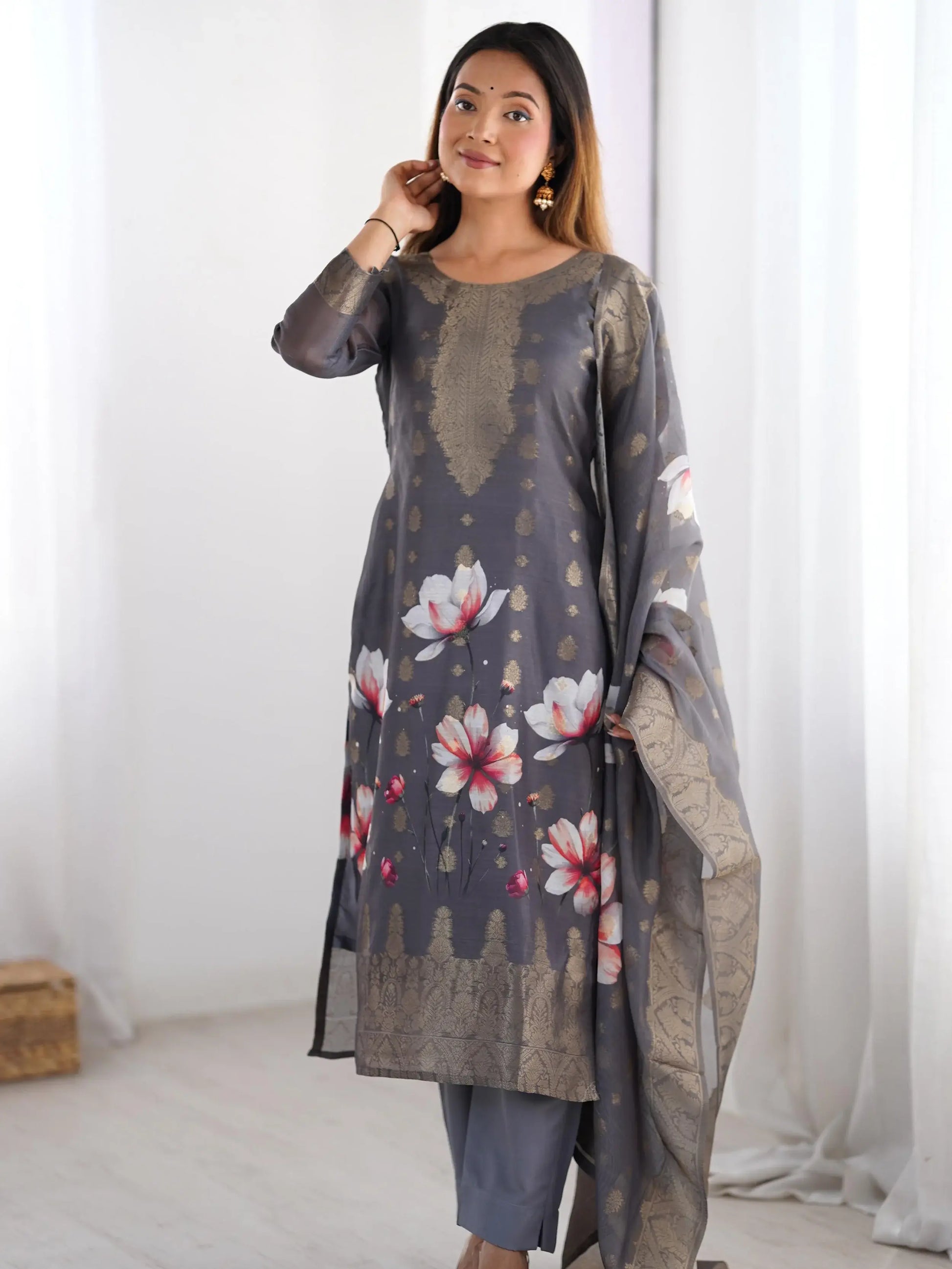 Elegant Grey Digital Print Chanderi Pant Suit - Zeel Clothing