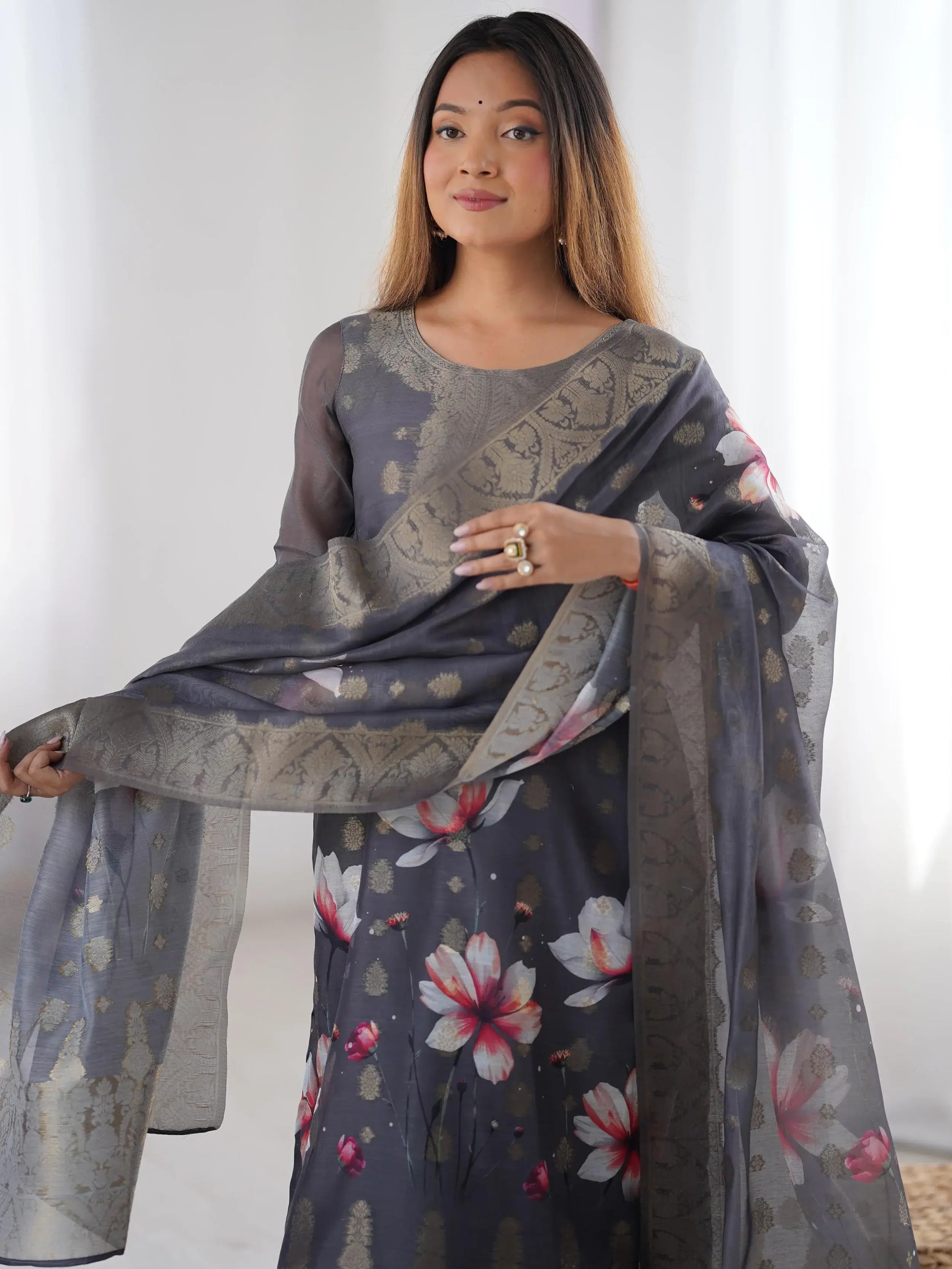 Elegant Grey Digital Print Chanderi Pant Suit - Zeel Clothing