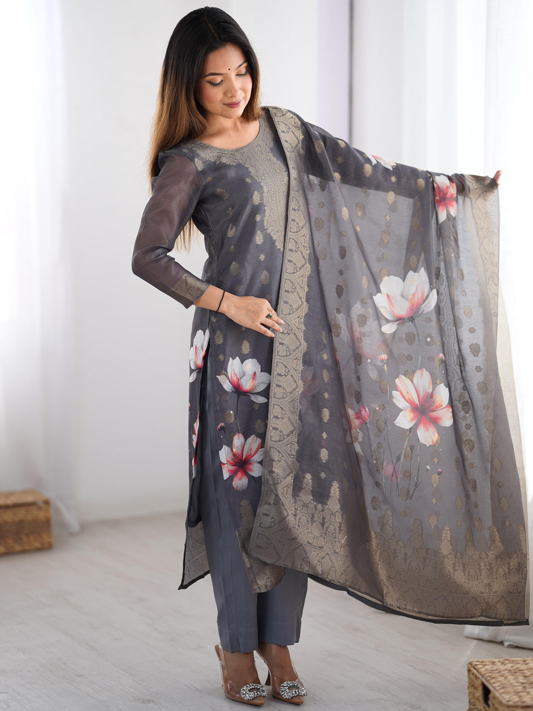 Elegant Grey Digital Print Chanderi Pant Suit - Zeel Clothing