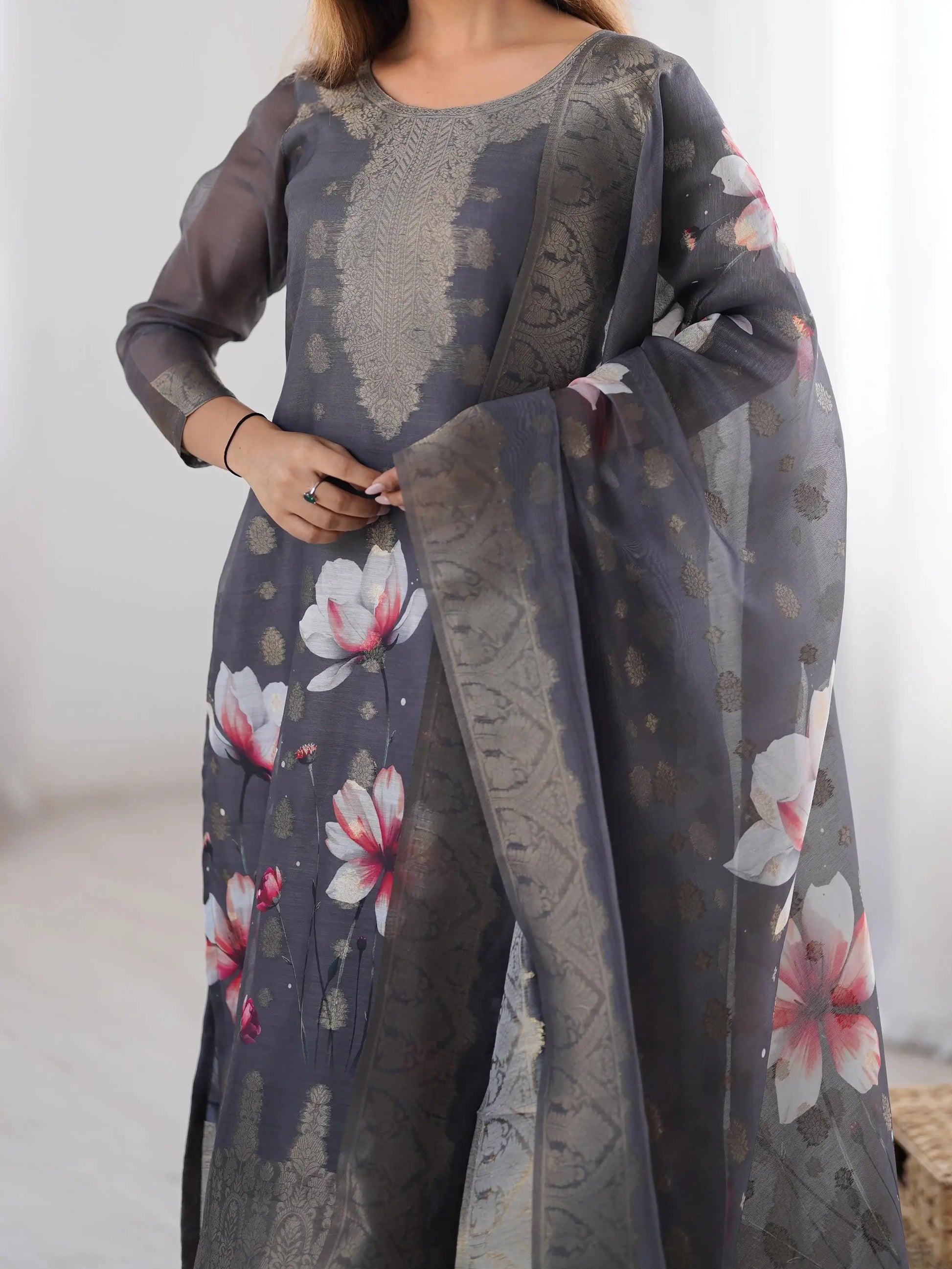Elegant Grey Digital Print Chanderi Pant Suit - Zeel Clothing