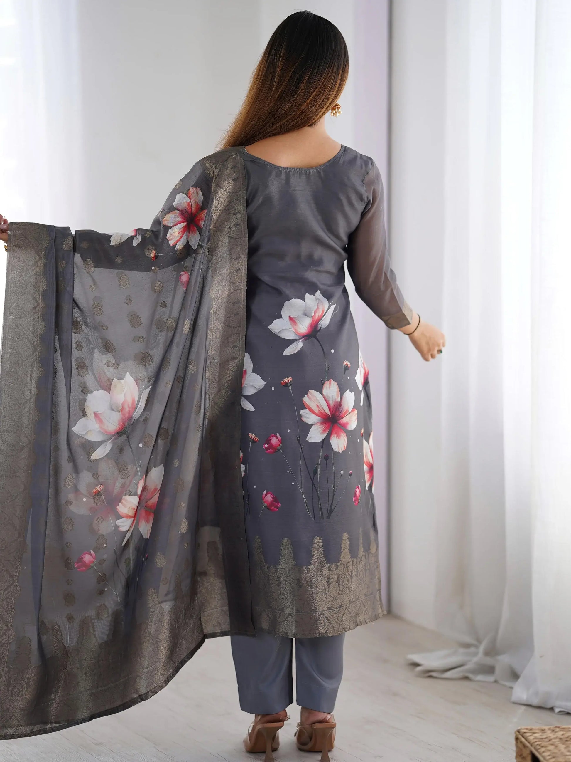 Elegant Grey Digital Print Chanderi Pant Suit - Zeel Clothing