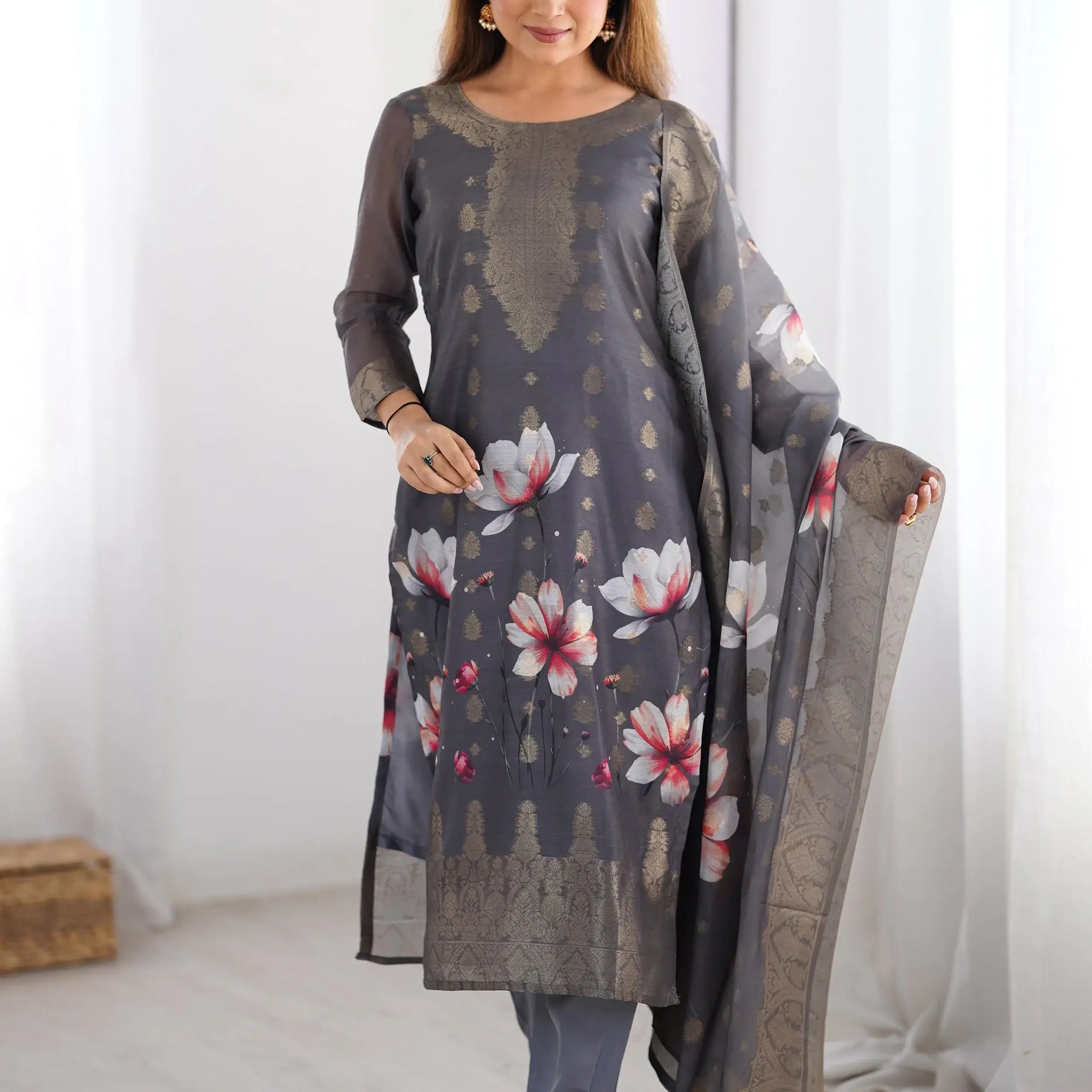 Elegant Grey Digital Print Chanderi Pant Suit - Zeel Clothing