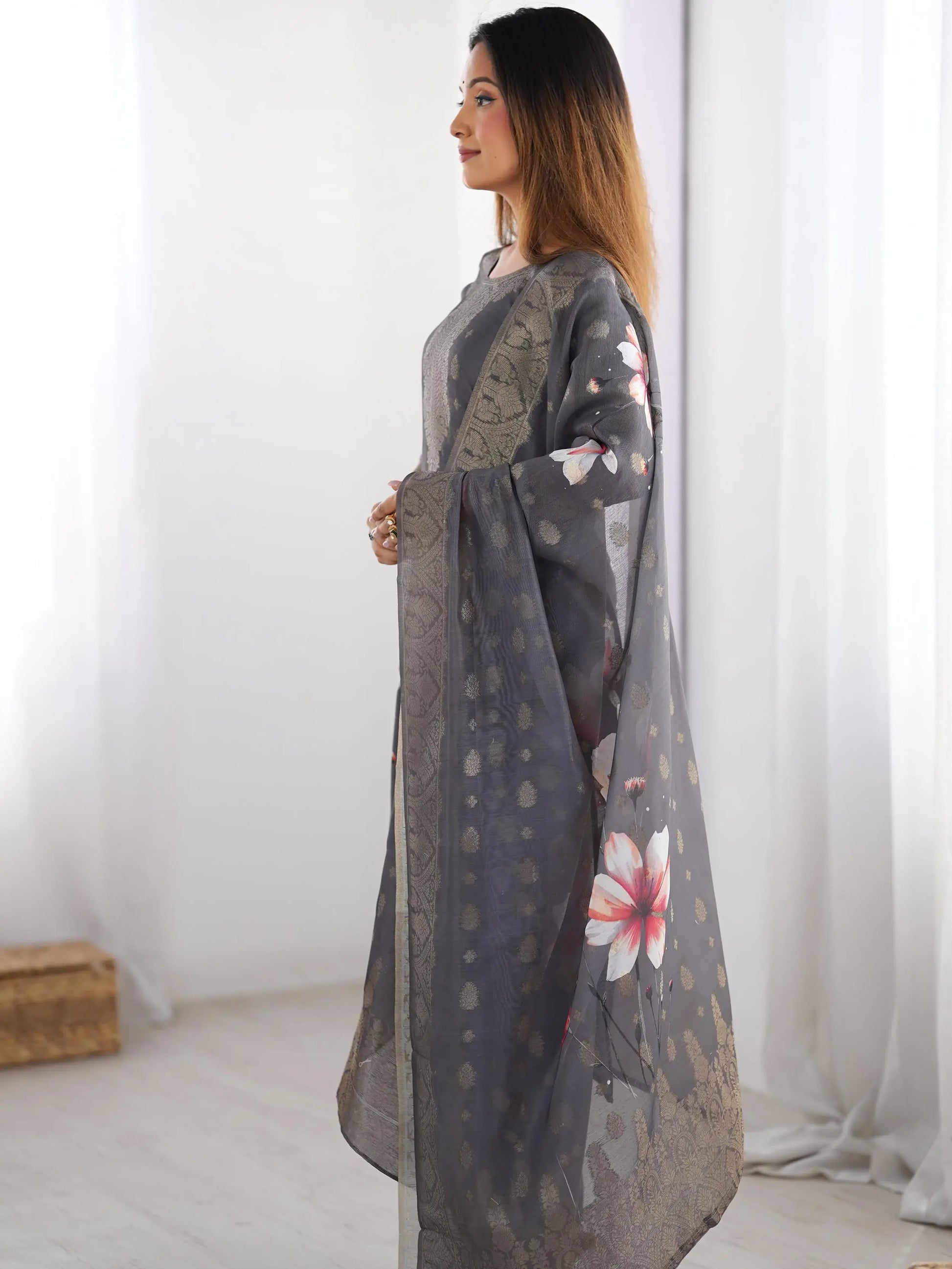 Elegant Grey Digital Print Chanderi Pant Suit - Zeel Clothing