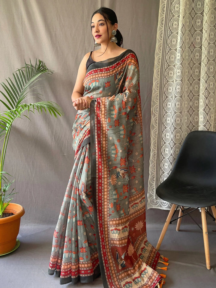 Elegant Grey Kalamkari Print Cotton Festival Wear Saree With Blouse - Zeel Clothing
