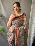 Elegant Grey Kalamkari Print Cotton Festival Wear Saree With Blouse - Zeel Clothing