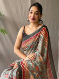 Elegant Grey Kalamkari Print Cotton Festival Wear Saree With Blouse - Zeel Clothing