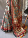 Elegant Grey Kalamkari Print Cotton Festival Wear Saree With Blouse - Zeel Clothing