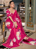 Elegant Hot Pink Floral Printed Georgette Event Wear Saree With Blouse - Zeel Clothing