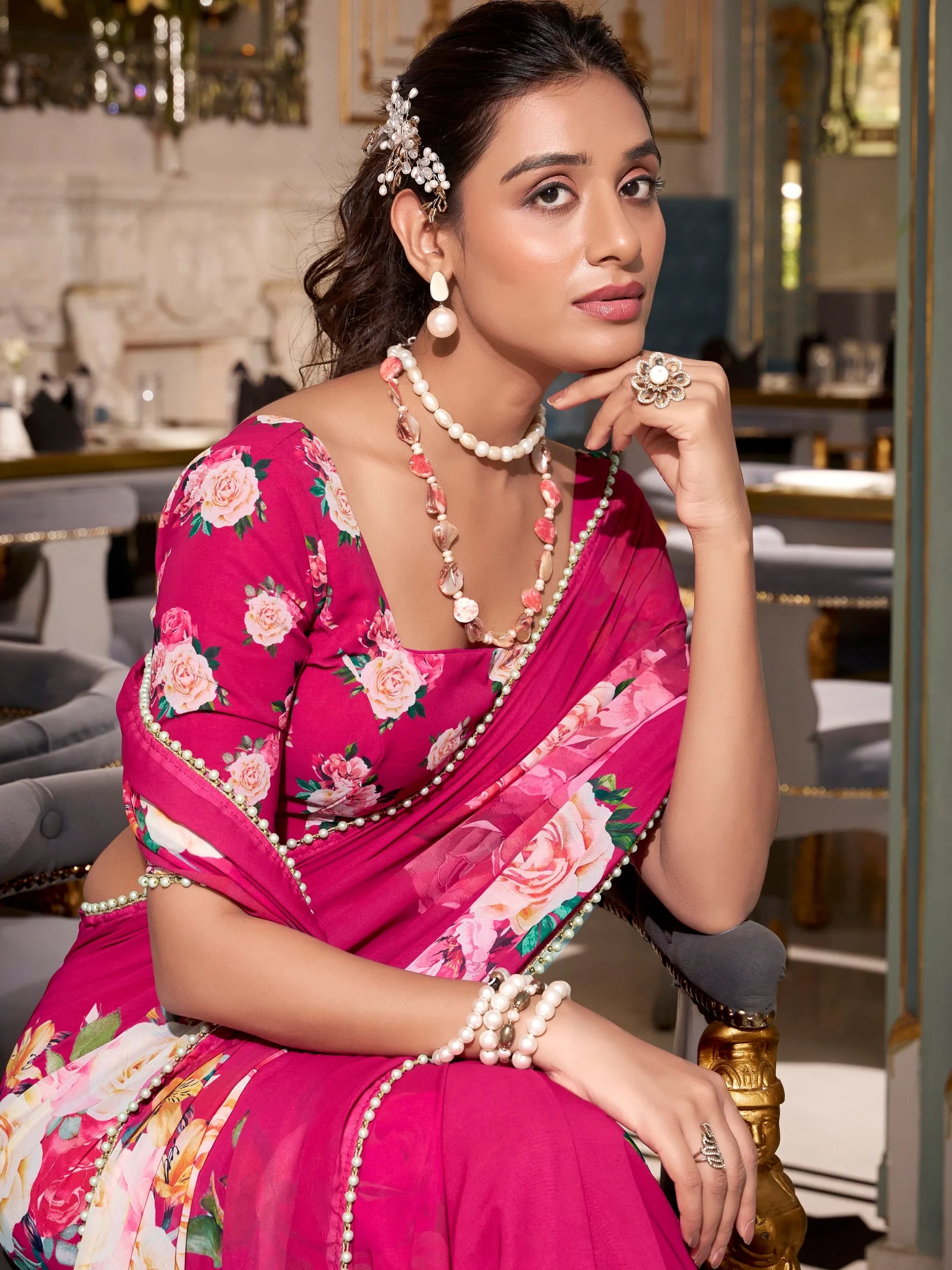 Elegant Hot Pink Floral Printed Georgette Event Wear Saree With Blouse - Zeel Clothing